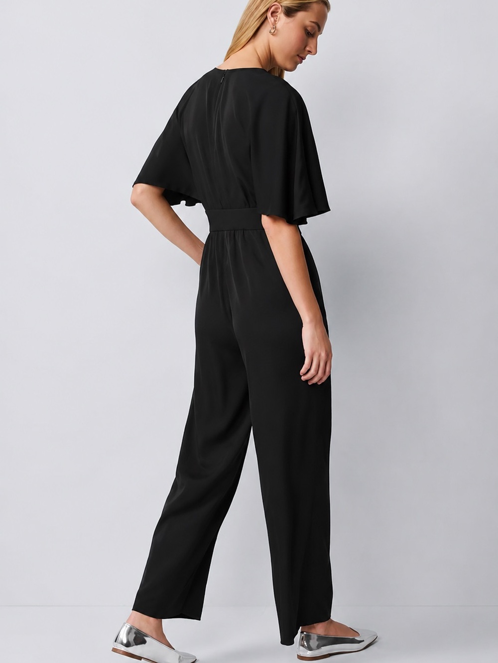 LOFT Petite Black Flutter Sleeve Wide Leg Jumpsuit Size 0P